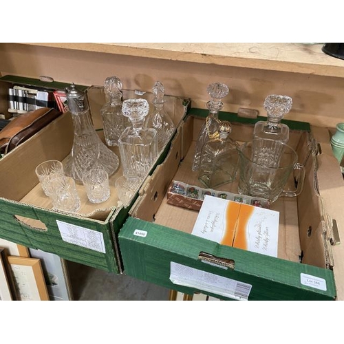 386 - 2 boxes containing 7 decanters, set of 6 shot glasses, whiskey glasses etc.