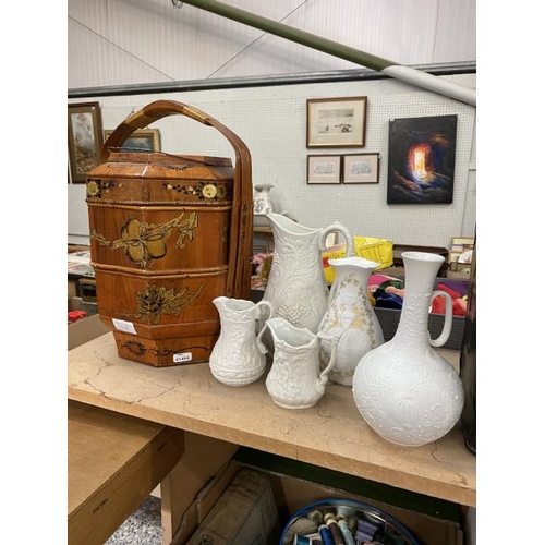 391 - 3 Portmeirion jugs, Kaiser Rhapsodie vase, Kaiser jug & Oriental bamboo wedding basket (as seen)