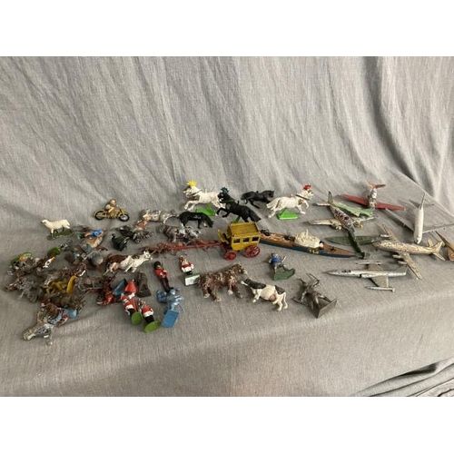 400 - Box of mainly play worn lead animals, planes, figures etc. inc. Dinky, Matchbox 