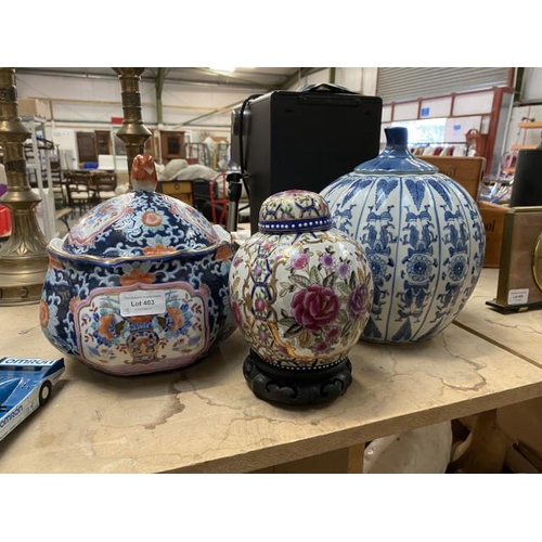 403 - 3 oriental lidded jars inc. ginger jar on stand