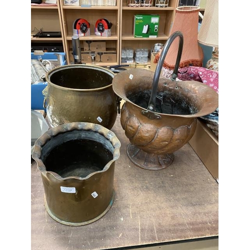 448 - Copper coal scuttle, brass trench art planter & brass log bucket