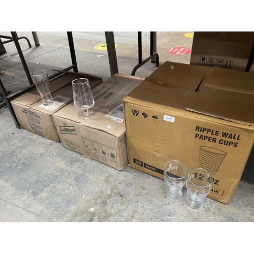 449 - 3 boxes of pub glasses including Tetley's one pint, Cerveza San Miguel, Pepsi etc