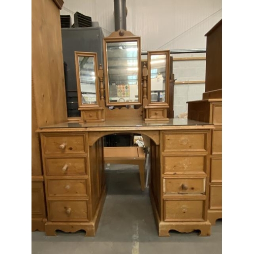 50 - Pine dressing table 83H 122W 61D with tri-fold mirror. (drawer handles as found)