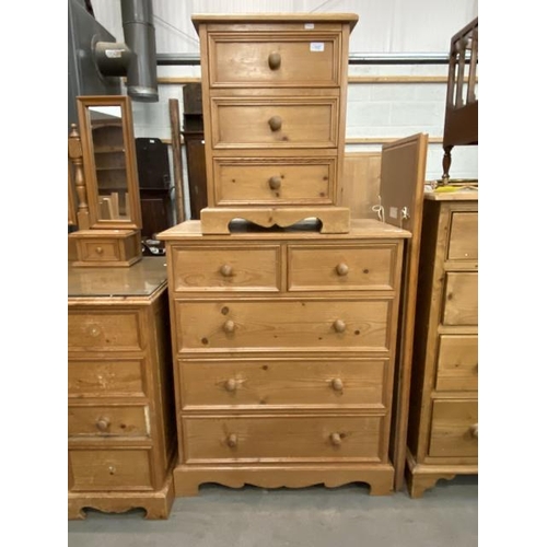 51 - Pine 2 over 3 chest of drawers 99H 81W 45D and a pine 3 drawer bedroom chest 61H 47W 43D