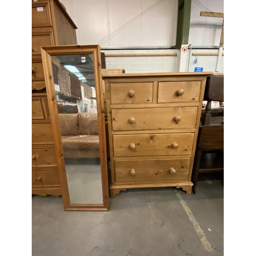 52 - Pine 2 over 3 chest of drawers 111H 82W 45D and a pine framed dressing mirror 130 x 39