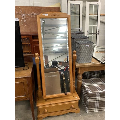 58 - Pine cheval mirror with drawer to base 152H 65W 36D