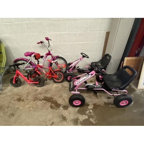 89 - Two Team Bopster child's go-karts and 3 children's bikes