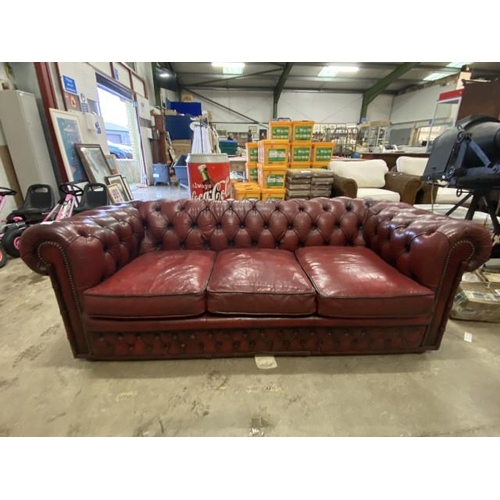 93 - Ox blood leather button back Chesterfield settee 185W (leather as found)