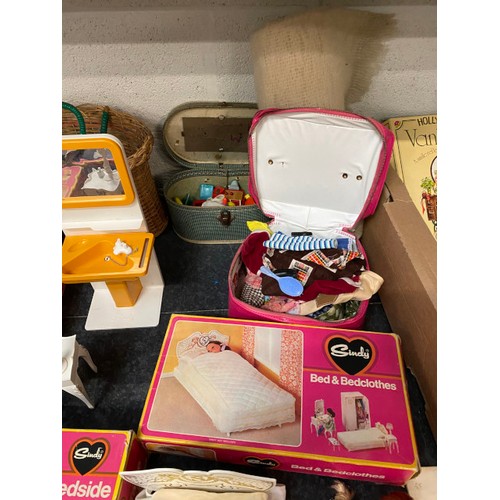 342 - Collection of playworn Sindy including 2 dolls, boxed washbasin unit, boxed bed and bedclothes, boxe... 