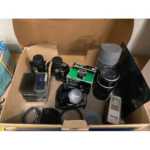 353 - Collection of cameras, lenses & Charles Frank binoculars 8x30, Praktica MTL3 camera, Hanimex 80-200m... 