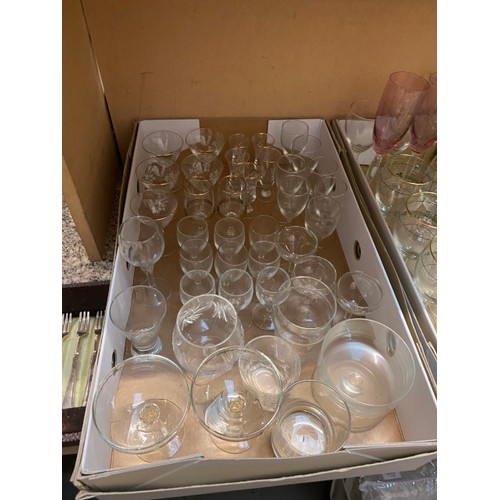 371 - 5 boxes of glassware, part tea sets, cased cutlery etc.