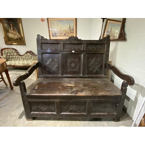 110 - 19th century carved oak hall bench (signs of worm - sold as seen) 140W