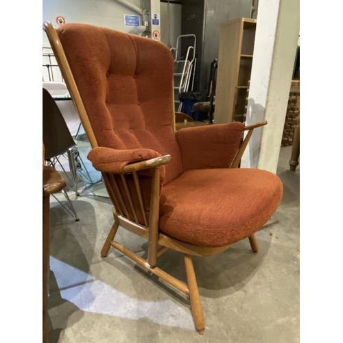 113 - Ercol elm armchair upholstered in terracotta chenille fabric 80W