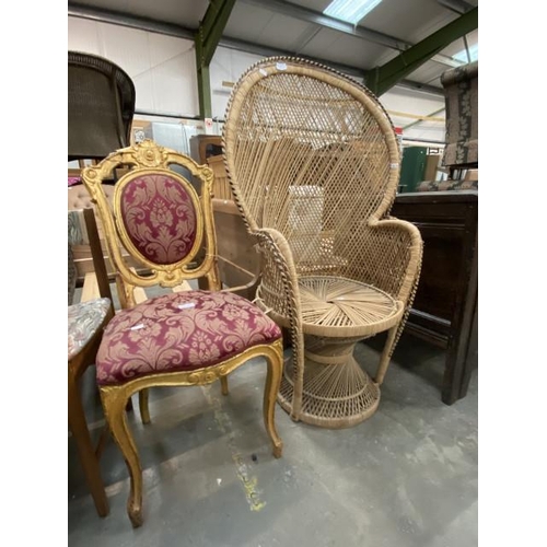 121 - Rattan Peacock chair 66W and a gilt framed side chair 42W