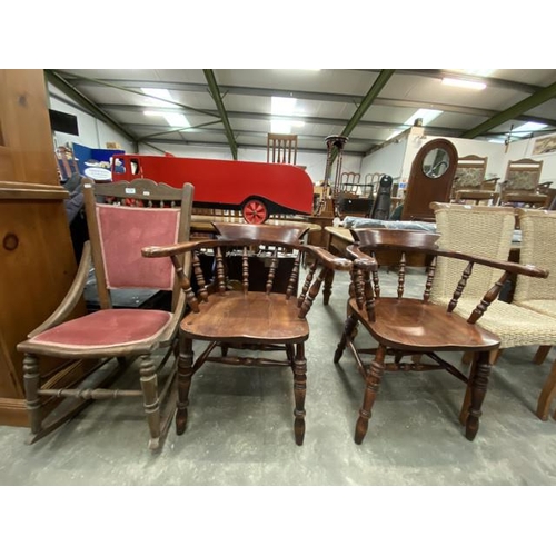 136 - Edwardian oak rocking chair 48W and 2 oak smokers bow chairs 69W