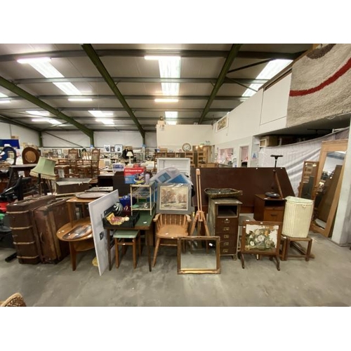 140 - 2 vintage steamer trunks, pine carver chair, Reeves easel, gilt framed mirror etc