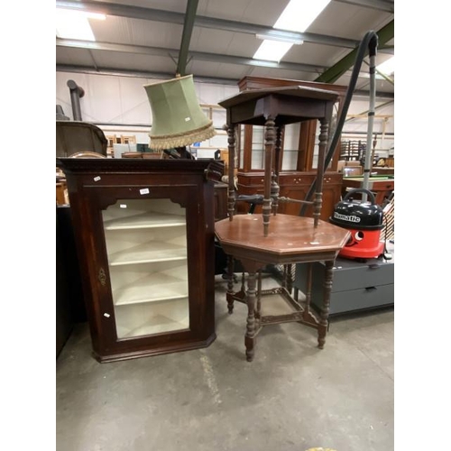 145 - Victorian oak corner cabinet with 1 key 109H 80W 46D, and 2 oak octagonal tables 70H 77W 77D & 70H 6... 