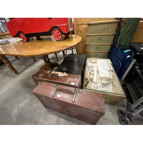 153 - 2 vintage suitcases, tin trunk 33H 93W 50D and a steamer trunk containing floor plans