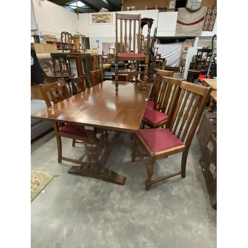 167 - Edwardian oak refectory table 75H 183W 91D  and 7 assorted oak chairs