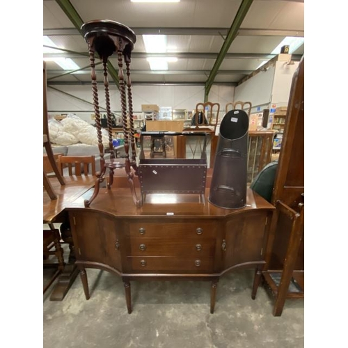 168 - Strongbow mahogany sideboard 77H 130W 46D, mahogany torchere 100H, coal scuttle etc