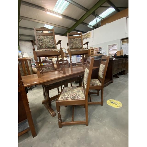 170 - Old Charm oak refectory table 76H 178W 83D and 6 chairs upholstered in “Manor” fabric (including 2 c... 