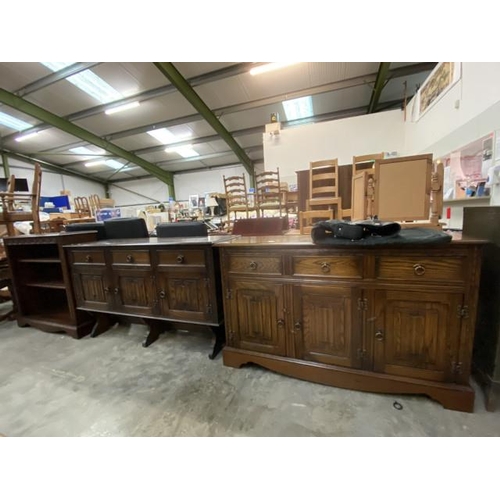 171 - Jaycee oak sideboard 87H 146W 50D, oak bookcase 97H 97W 35D and an oak 3 door sideboard 86H 138W 42D