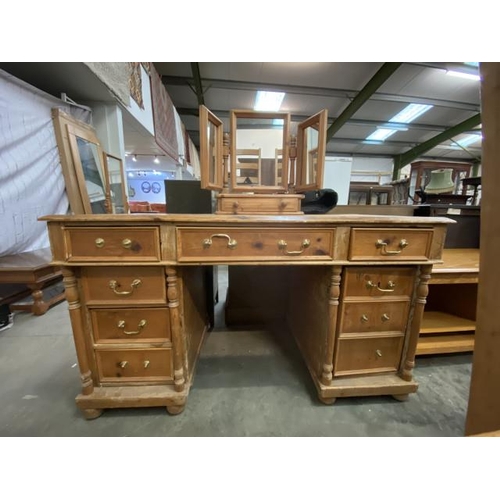 174 - Rustic pine kneehole desk 80H 143W 70D & a triptych mirror (sold as seen)