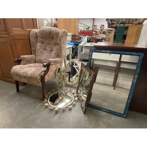 19 - Floral upholstered lounge chair 65W and 4 assorted mirrors