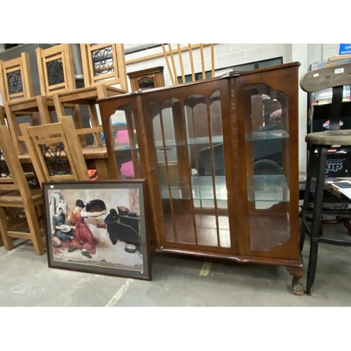 30 - Walnut china cabinet 109H 104W 33D & framed print