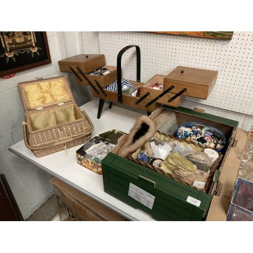 390 - Cantilever sewing box, sewing requites inc. cottons, tin of buttons, vintage sewing basket, lace etc... 