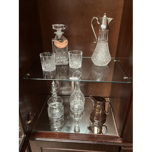 398 - Denby glass decanter & stopper, claret jug, Bowmore whisky water jug, whisky decanter & pair of tumb... 