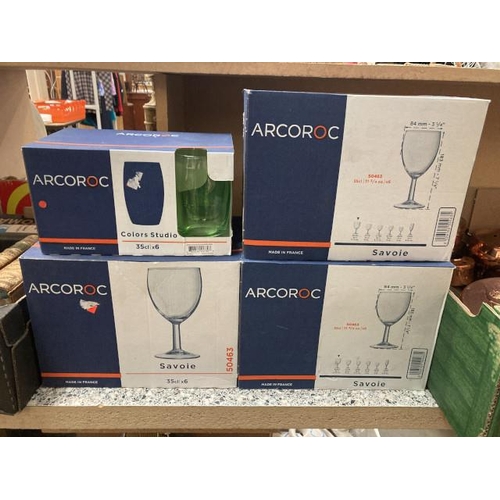 406 - 3 boxes of Arcoroc (France) Savoie wine glasses (6 per box) & 1 box of studio green goblets (6 per b... 