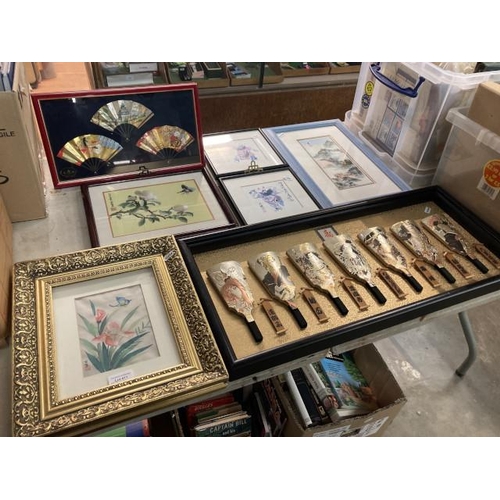 411 - Framed decorative Hagoita Japanese paddles 32x71cm, 6 oriental pictures inc. watercolour on silk, Sa... 