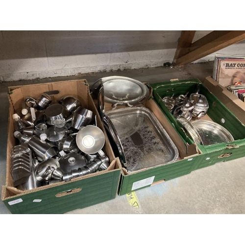 450 - 3 boxes of metal wares inc. stainless steel kitchen wares, silver plated 3 piece tea set, Halo pewte... 