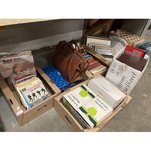 451 - Leather doctors bag, 6 boxes of books, glassware, LP's, singles, Ferguson reel to reel, prints etc.