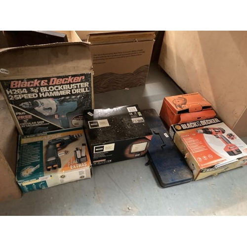 457 - Tools; Black & Decker CD12CA drill, hammer drill H264, cordless drill driver, floodlight 500W etc.