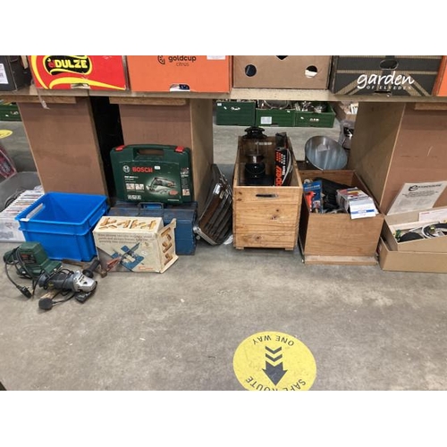 461 - Tools; Rolson angle grinder, Bosch sander, metal tool chest, emergency hammer, Coleman Tilley lamp, ... 