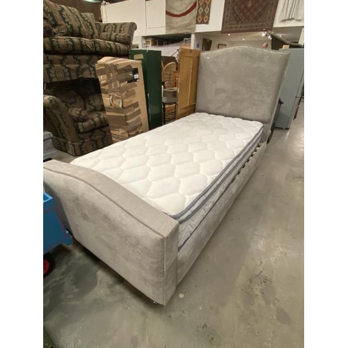 48 - Grey chenille upholstered bed frame and mattress (3ft)