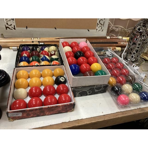 482 - Pool/snooker cues, boxes of pool and snooker balls (a/f)