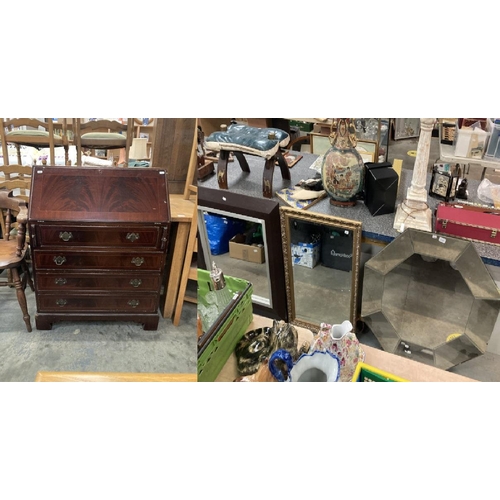 505 - Mahogany bureau 100H 765QW 45D, gilt framed mirror 86 x 61cm, octagonal mirror 90 x 90cm and a conte... 