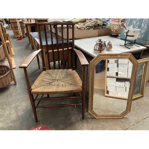 512 - Arts & Crafts oak carver chair 62W and gilt framed mirror 60 x 51cm