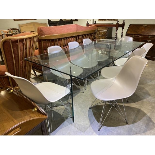 75 - Contemporary glass dining table 74H 210W 96D and 8 Eames style chairs with chrome hairpin legs