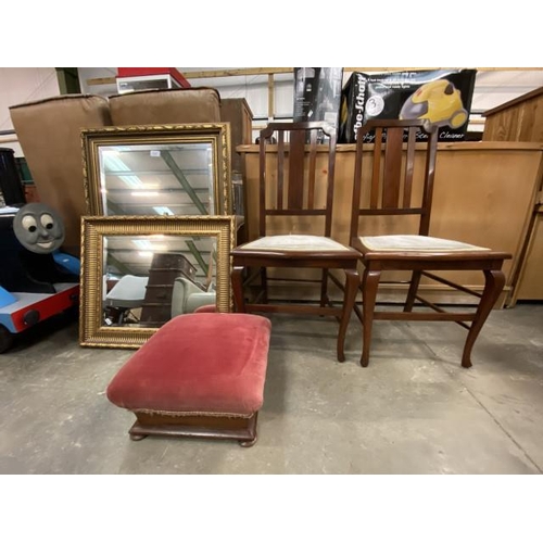 87 - 2 oak framed bedroom chairs, Victorian upholstered footstool and 2 gilt framed mirrors 57 x 66cm and... 