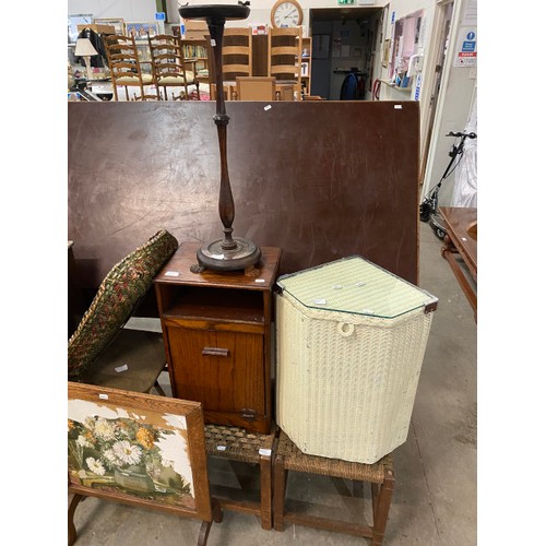 140 - 2 vintage steamer trunks, pine carver chair, Reeves easel, gilt framed mirror etc