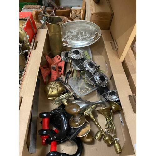 427 - 2 boxes of metalware collectables inc. furniture fittings, copper lantern, tankards, cutlery, window... 