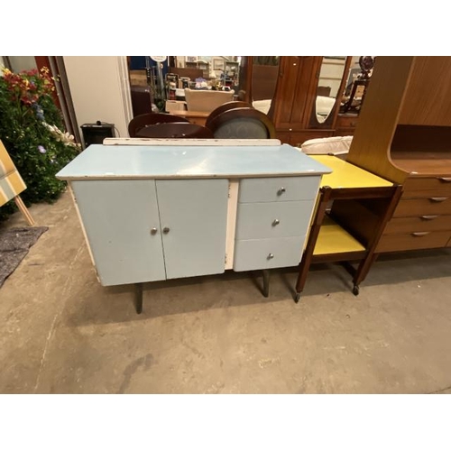 107 - 1960’s Formica kitchen sideboard 79H 104W 46D and a trolley 60H 60-74W 40D