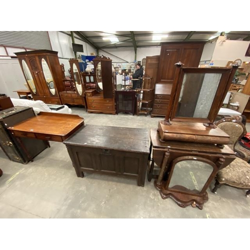 Victorian oak 2 drawer writing desk 83H 98W 51D, early oak coffer 69H 110W 55D, oak gate leg table 74H 91W 42-132D and 2 Victorian dressing table mirrors 86H 70W 35D & 76H 70W 25D (as found)