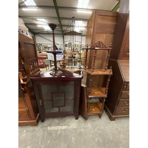 128 - Walnut wot not 138H 65W 28D, oak smokers stand 63H, Oriental corner cabinet 89H 75W 40D etc