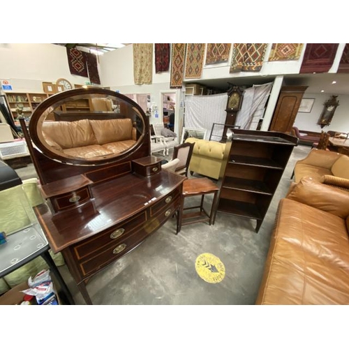 134 - Victorian mahogany inlaid dressing chest 143H 112W 55D, mahogany display shelves 125H 60W 88D etc