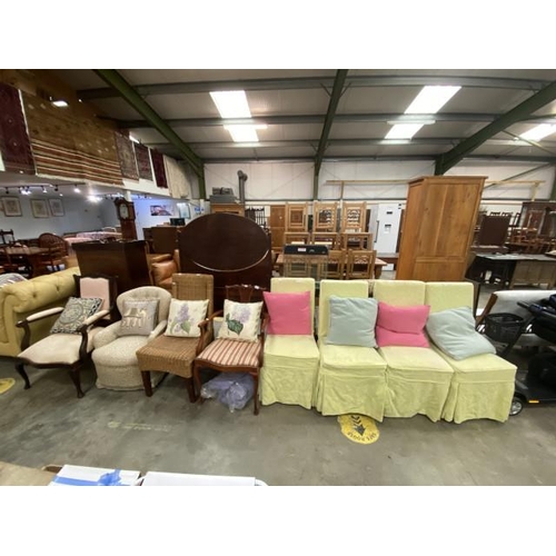 136 - 4 assorted side chairs including an upholstered ladies chair 58W and 4 dining chairs with loose cove... 